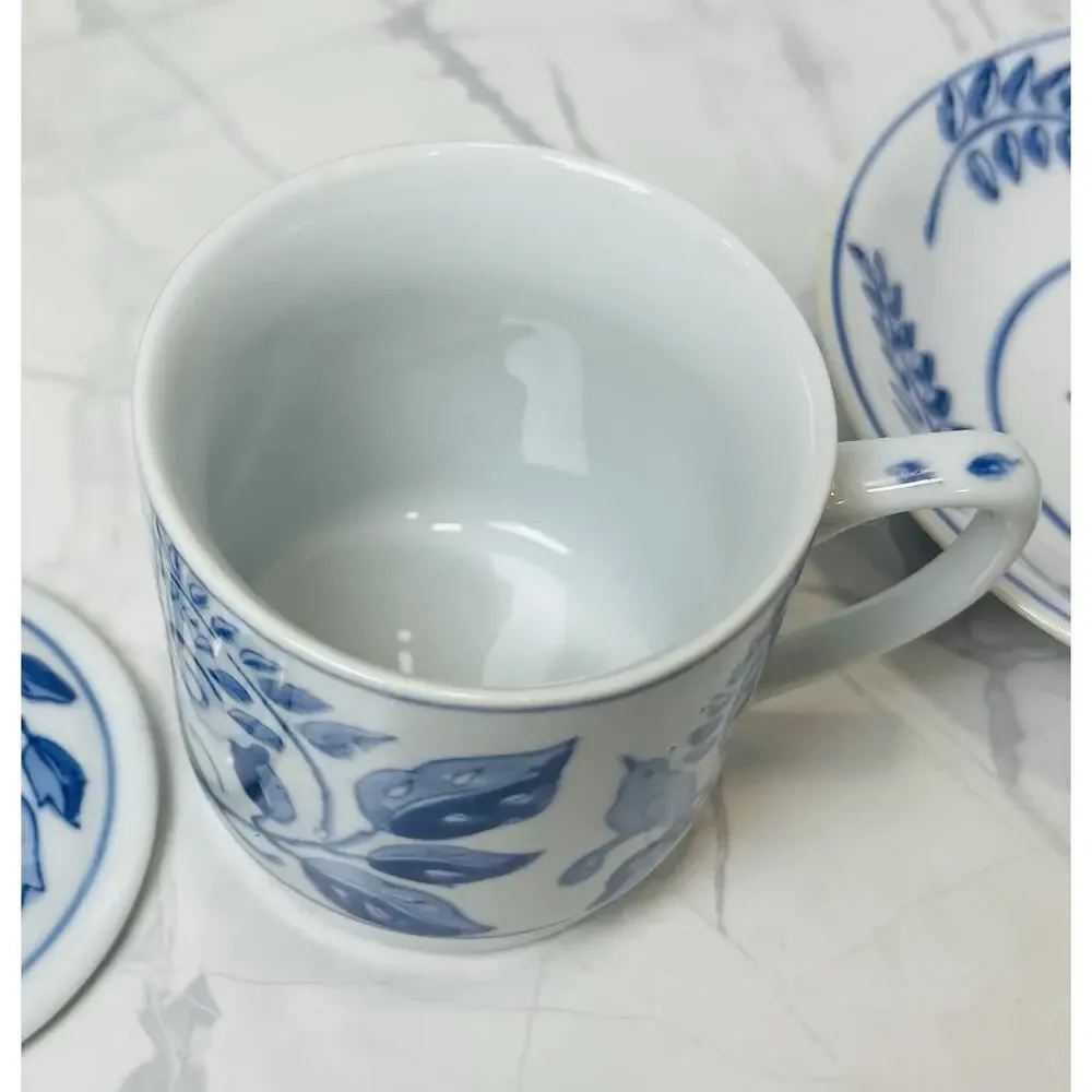 Vintage, IDG Italy, Blue & White Cup, Saucer And Lid Botanical And Birds